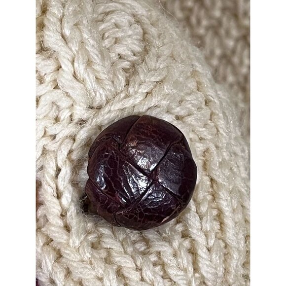 Vintage Cable Knit Sweater L Butter Yellow Leather Button Fisherman Grandpa 80s - Picture 3 of 11